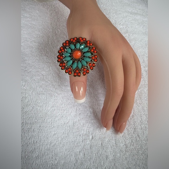 Heidi Daus Style Bohemian Chic Coral & Turquoise Statement Ring - Picture 8 of 15